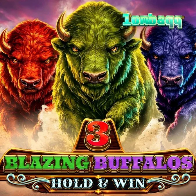 Tampilan antarmuka seluler slot 3 Blazing Buffalos: Hold & Win dengan latar belakang gurun neon.